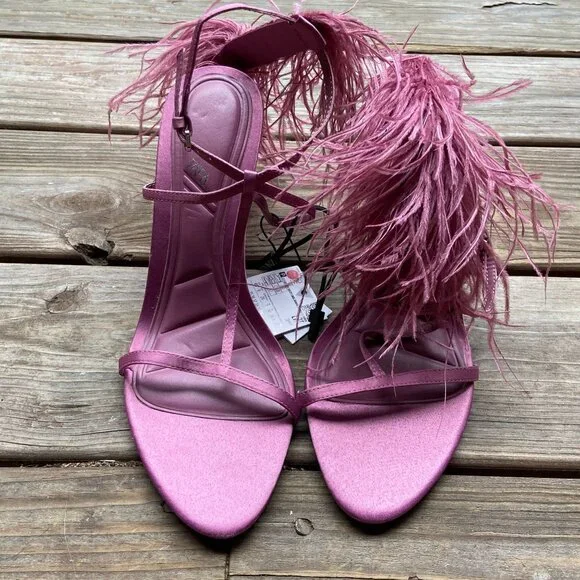 ZARA Mauve Pink Satin Feather Embellished High Stiletto Heel Strappy Sandals 40 - Picture 2 of 11